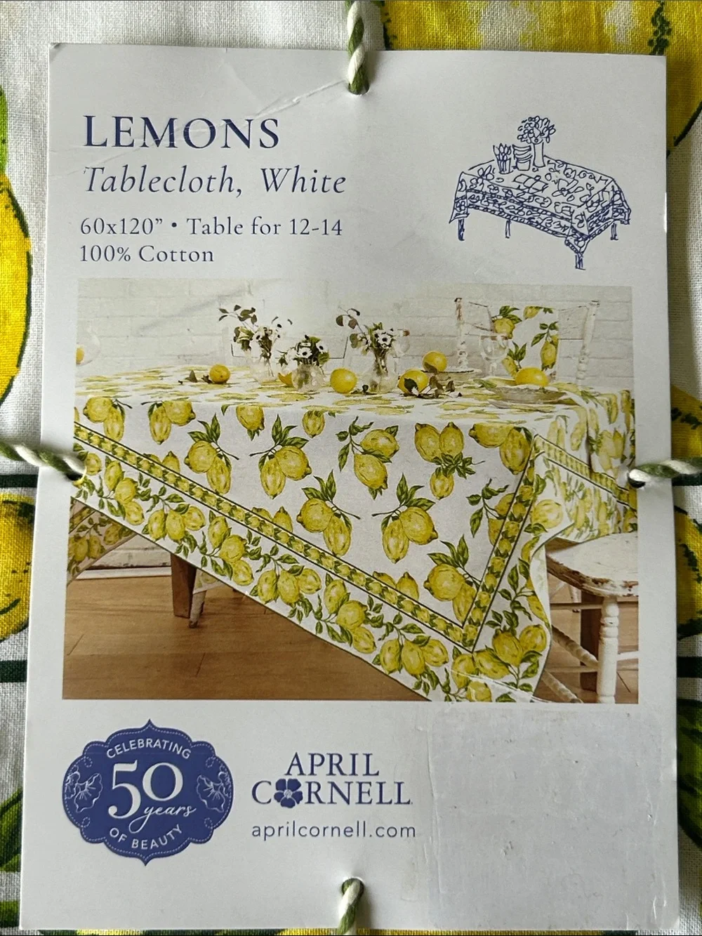 April Cornell Tablecloth 60″ x 120″ Lemons Yellow Green on White 100% Cotton NWT